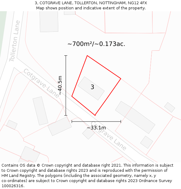 3, COTGRAVE LANE, TOLLERTON, NOTTINGHAM, NG12 4FX: Plot and title map