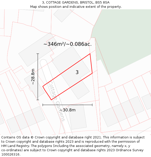 3, COTTAGE GARDENS, BRISTOL, BS5 8SA: Plot and title map