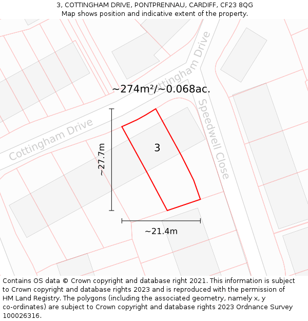 3, COTTINGHAM DRIVE, PONTPRENNAU, CARDIFF, CF23 8QG: Plot and title map