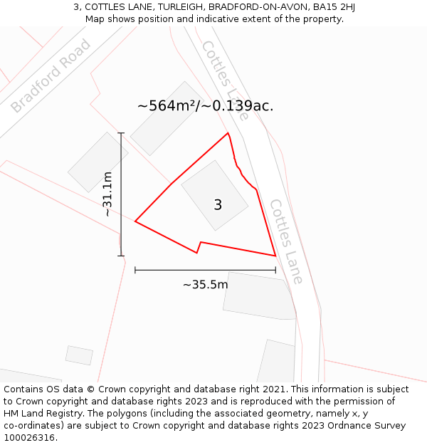 3, COTTLES LANE, TURLEIGH, BRADFORD-ON-AVON, BA15 2HJ: Plot and title map