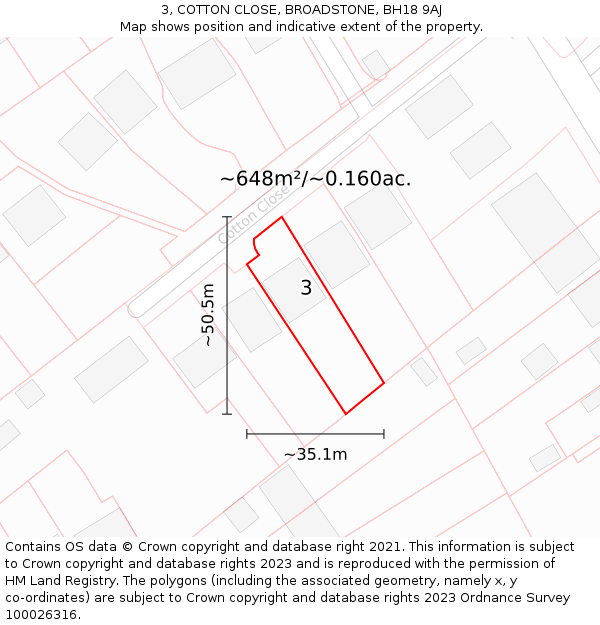 3, COTTON CLOSE, BROADSTONE, BH18 9AJ: Plot and title map