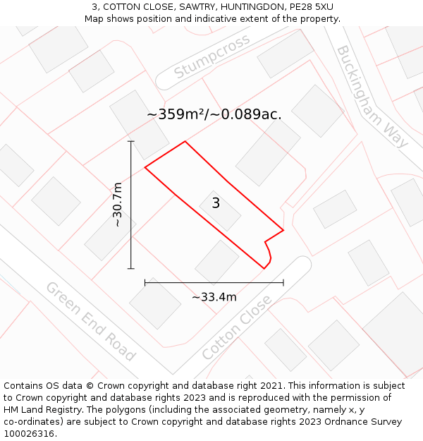 3, COTTON CLOSE, SAWTRY, HUNTINGDON, PE28 5XU: Plot and title map