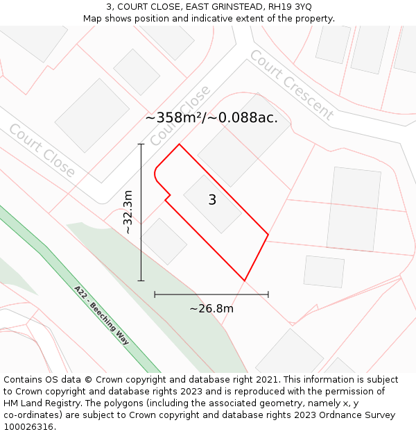 3, COURT CLOSE, EAST GRINSTEAD, RH19 3YQ: Plot and title map