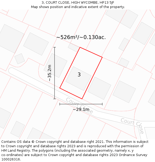 3, COURT CLOSE, HIGH WYCOMBE, HP13 5JF: Plot and title map