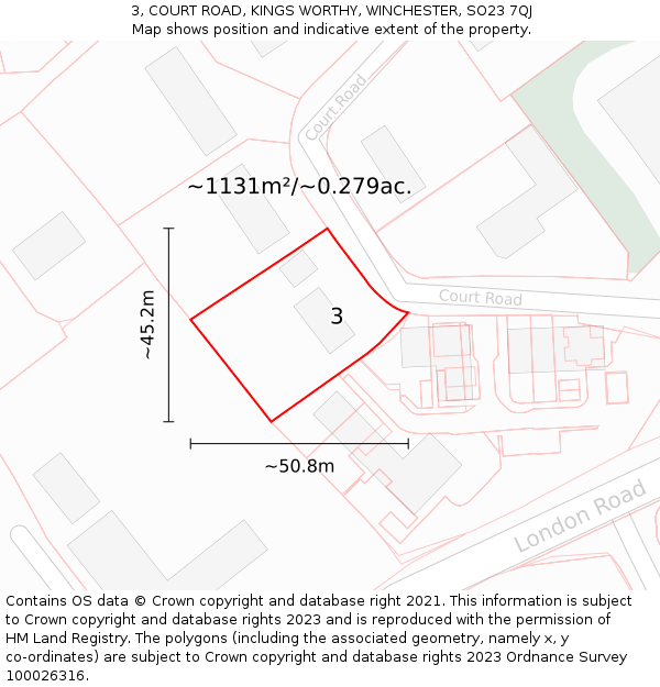 3, COURT ROAD, KINGS WORTHY, WINCHESTER, SO23 7QJ: Plot and title map