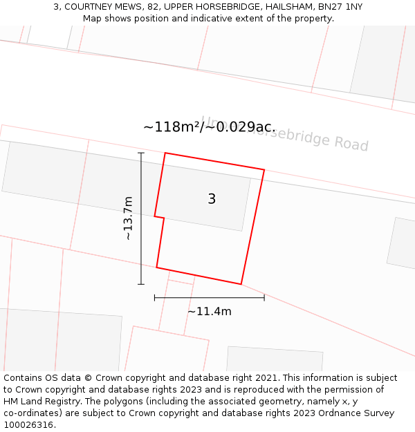 3, COURTNEY MEWS, 82, UPPER HORSEBRIDGE, HAILSHAM, BN27 1NY: Plot and title map