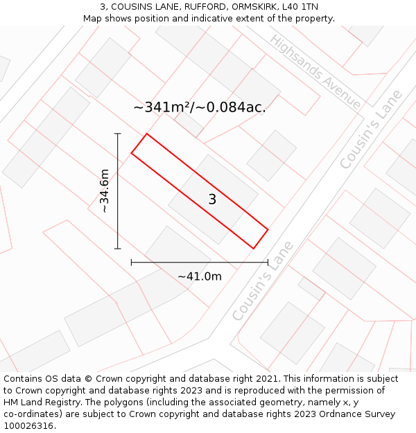 3, COUSINS LANE, RUFFORD, ORMSKIRK, L40 1TN: Plot and title map