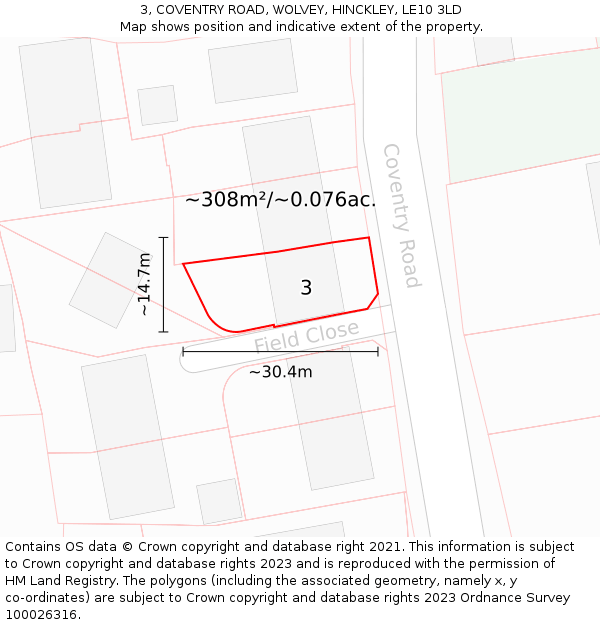 3, COVENTRY ROAD, WOLVEY, HINCKLEY, LE10 3LD: Plot and title map