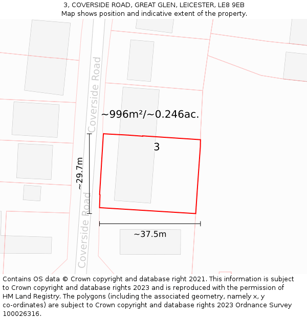 3, COVERSIDE ROAD, GREAT GLEN, LEICESTER, LE8 9EB: Plot and title map