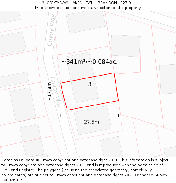 3, COVEY WAY, LAKENHEATH, BRANDON, IP27 9HJ: Plot and title map