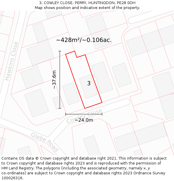 3, COWLEY CLOSE, PERRY, HUNTINGDON, PE28 0DH: Plot and title map
