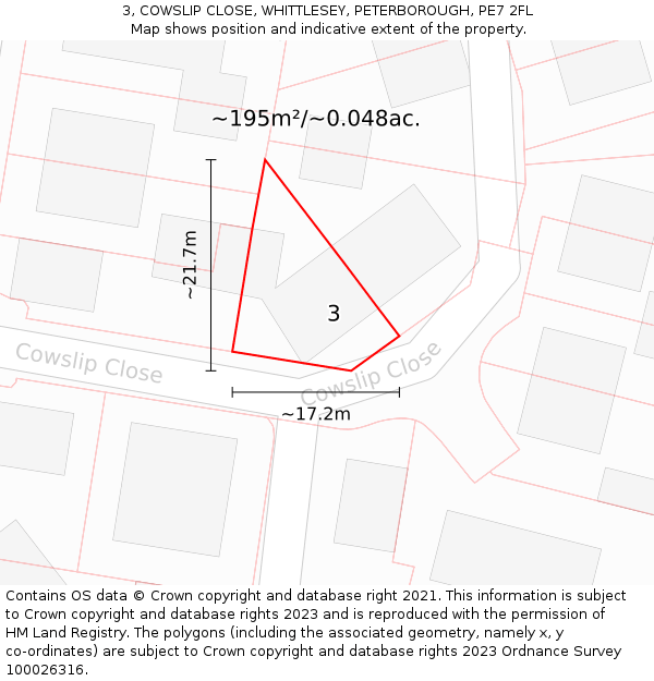 3, COWSLIP CLOSE, WHITTLESEY, PETERBOROUGH, PE7 2FL: Plot and title map
