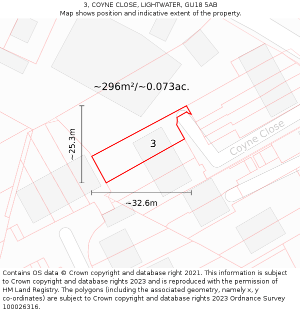 3, COYNE CLOSE, LIGHTWATER, GU18 5AB: Plot and title map