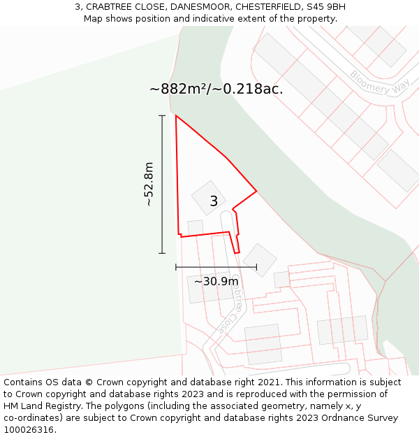 3, CRABTREE CLOSE, DANESMOOR, CHESTERFIELD, S45 9BH: Plot and title map