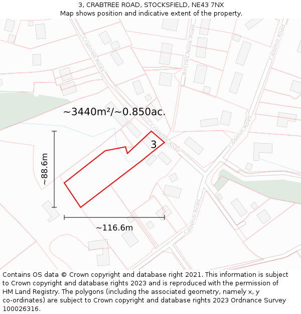 3, CRABTREE ROAD, STOCKSFIELD, NE43 7NX: Plot and title map