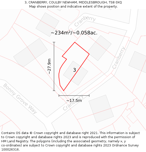 3, CRANBERRY, COULBY NEWHAM, MIDDLESBROUGH, TS8 0XQ: Plot and title map