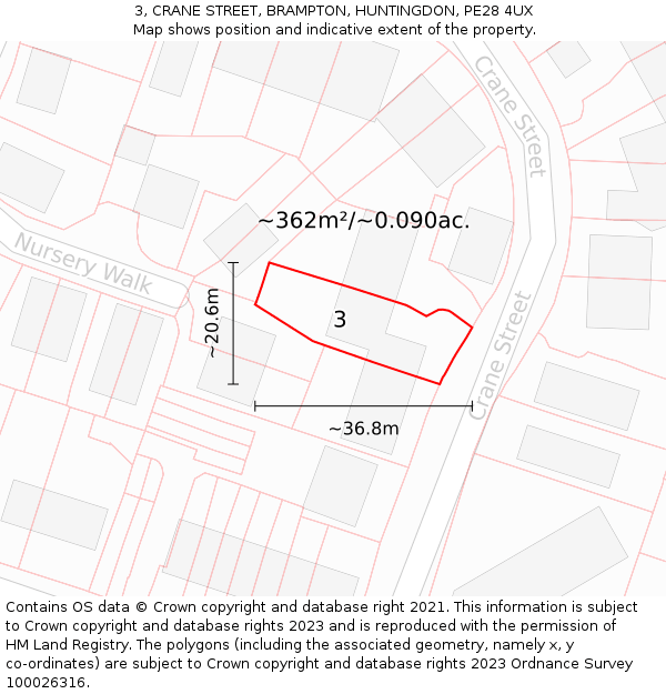 3, CRANE STREET, BRAMPTON, HUNTINGDON, PE28 4UX: Plot and title map