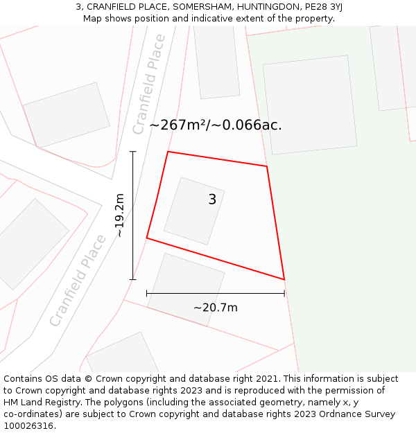 3, CRANFIELD PLACE, SOMERSHAM, HUNTINGDON, PE28 3YJ: Plot and title map