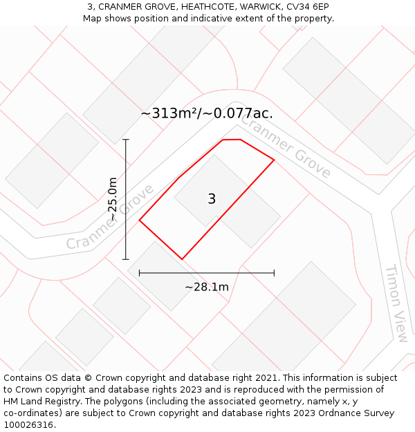 3, CRANMER GROVE, HEATHCOTE, WARWICK, CV34 6EP: Plot and title map