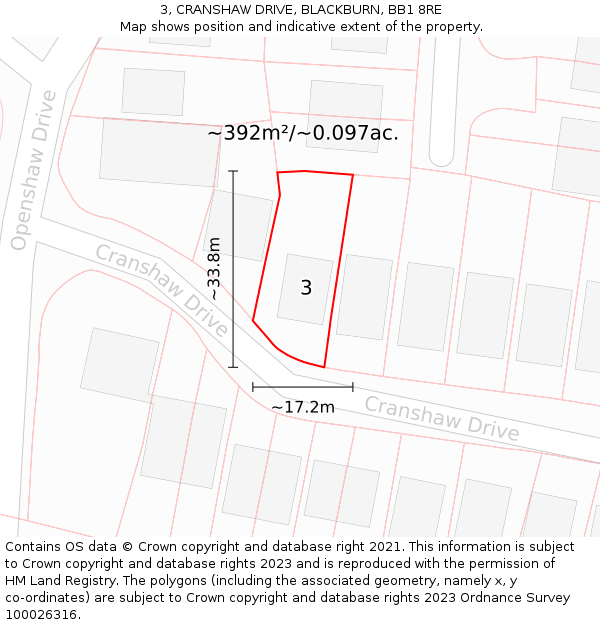 3, CRANSHAW DRIVE, BLACKBURN, BB1 8RE: Plot and title map