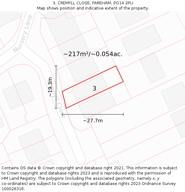 3, CREMYLL CLOSE, FAREHAM, PO14 2PU: Plot and title map