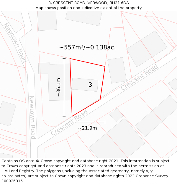 3, CRESCENT ROAD, VERWOOD, BH31 6DA: Plot and title map