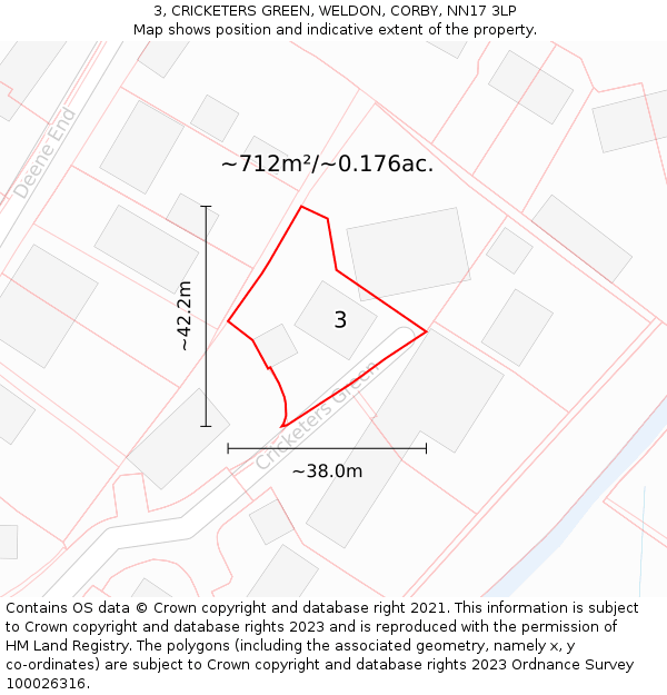 3, CRICKETERS GREEN, WELDON, CORBY, NN17 3LP: Plot and title map