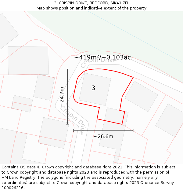 3, CRISPIN DRIVE, BEDFORD, MK41 7FL: Plot and title map