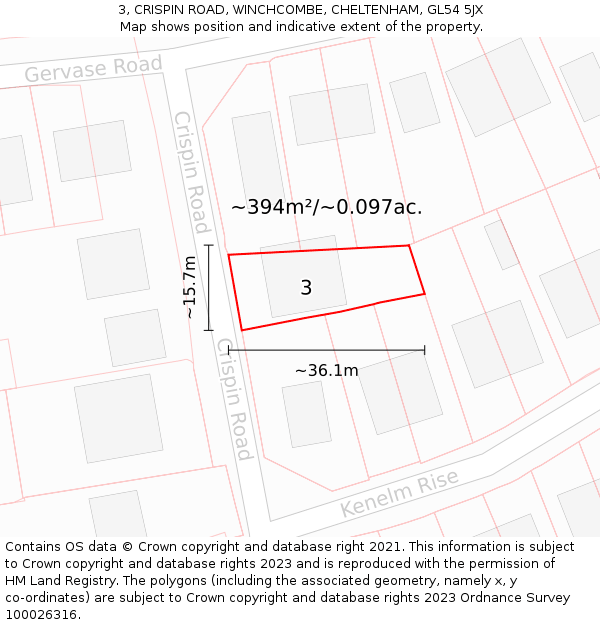 3, CRISPIN ROAD, WINCHCOMBE, CHELTENHAM, GL54 5JX: Plot and title map