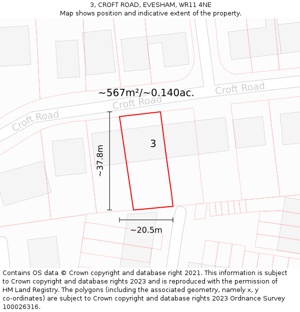 3, CROFT ROAD, EVESHAM, WR11 4NE: Plot and title map