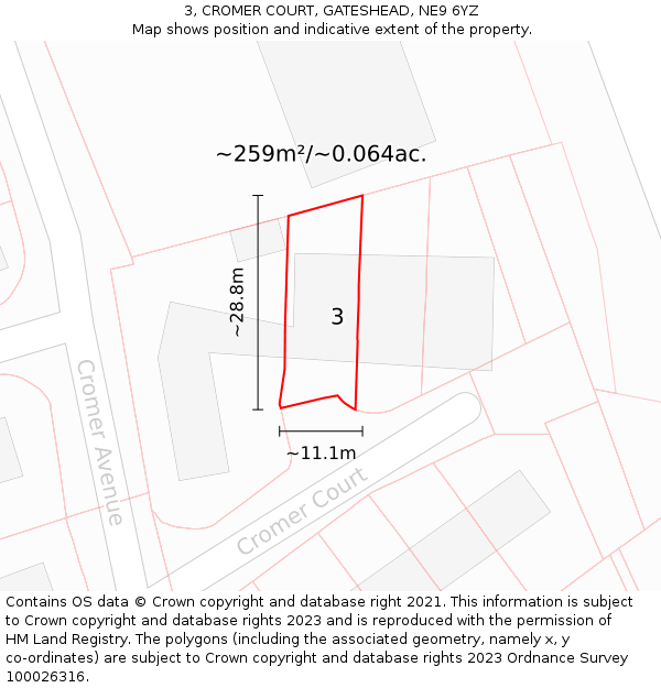 3, CROMER COURT, GATESHEAD, NE9 6YZ: Plot and title map