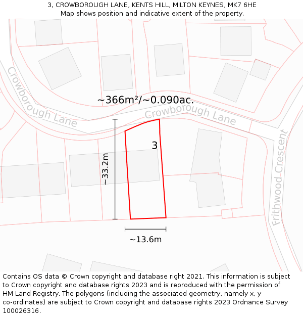 3, CROWBOROUGH LANE, KENTS HILL, MILTON KEYNES, MK7 6HE: Plot and title map