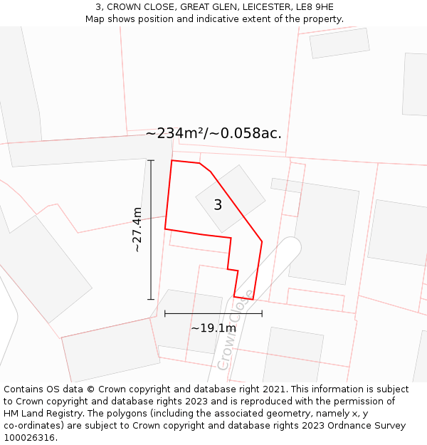 3, CROWN CLOSE, GREAT GLEN, LEICESTER, LE8 9HE: Plot and title map