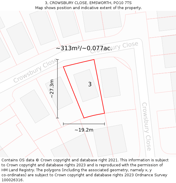 3, CROWSBURY CLOSE, EMSWORTH, PO10 7TS: Plot and title map