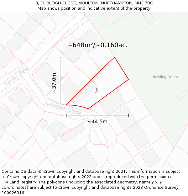 3, CUBLEIGH CLOSE, MOULTON, NORTHAMPTON, NN3 7BG: Plot and title map