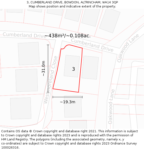 3, CUMBERLAND DRIVE, BOWDON, ALTRINCHAM, WA14 3QP: Plot and title map