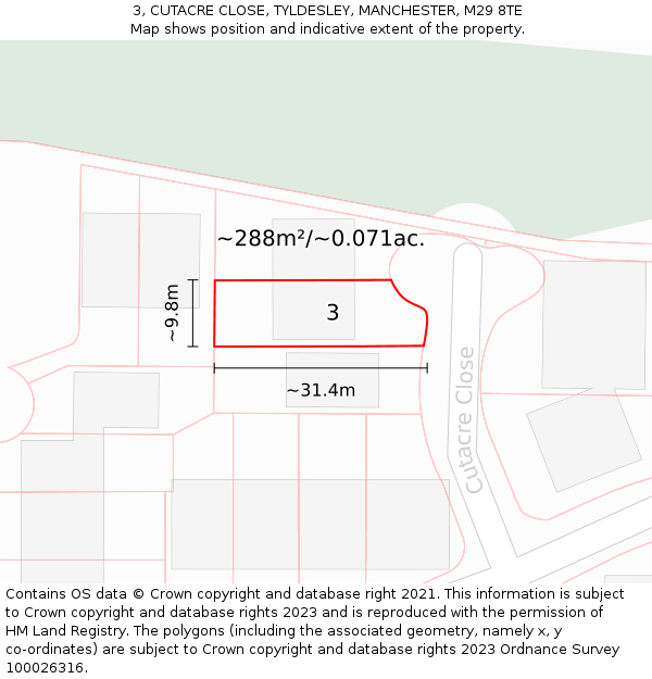 3, CUTACRE CLOSE, TYLDESLEY, MANCHESTER, M29 8TE: Plot and title map