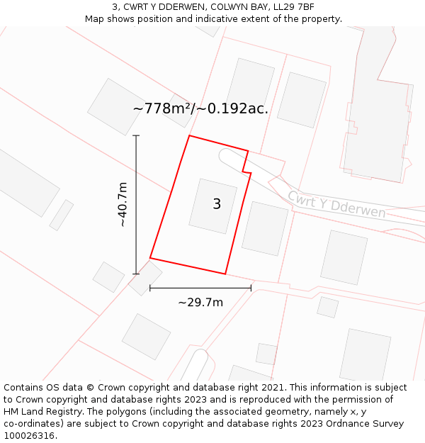 3, CWRT Y DDERWEN, COLWYN BAY, LL29 7BF: Plot and title map