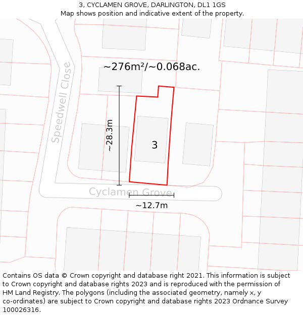 3, CYCLAMEN GROVE, DARLINGTON, DL1 1GS: Plot and title map