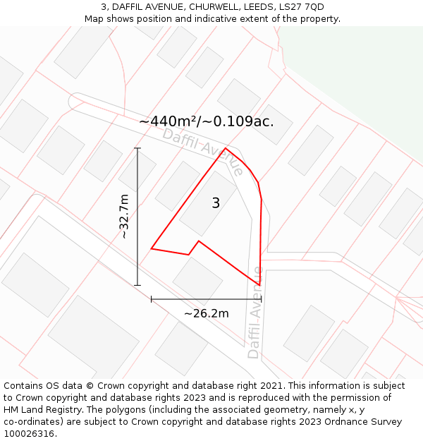 3, DAFFIL AVENUE, CHURWELL, LEEDS, LS27 7QD: Plot and title map