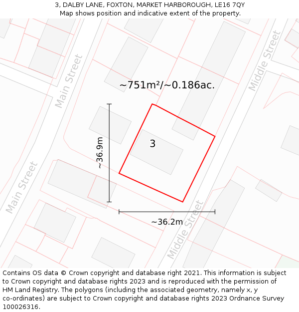 3, DALBY LANE, FOXTON, MARKET HARBOROUGH, LE16 7QY: Plot and title map