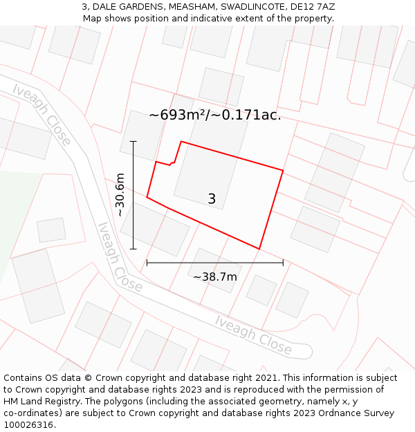 3, DALE GARDENS, MEASHAM, SWADLINCOTE, DE12 7AZ: Plot and title map