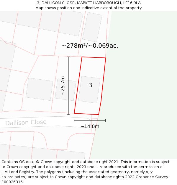 3, DALLISON CLOSE, MARKET HARBOROUGH, LE16 9LA: Plot and title map