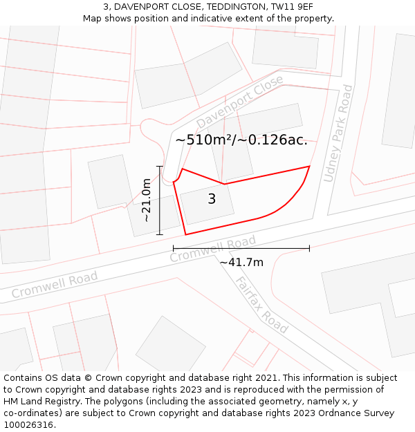 3, DAVENPORT CLOSE, TEDDINGTON, TW11 9EF: Plot and title map