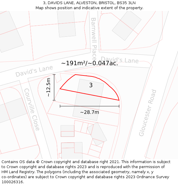 3, DAVIDS LANE, ALVESTON, BRISTOL, BS35 3LN: Plot and title map