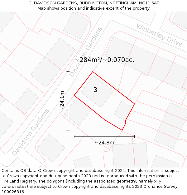 3, DAVIDSON GARDENS, RUDDINGTON, NOTTINGHAM, NG11 6AF: Plot and title map