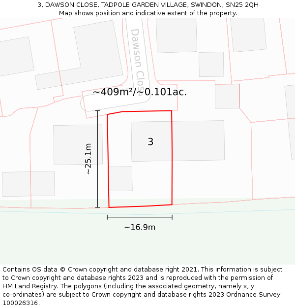 3, DAWSON CLOSE, TADPOLE GARDEN VILLAGE, SWINDON, SN25 2QH: Plot and title map