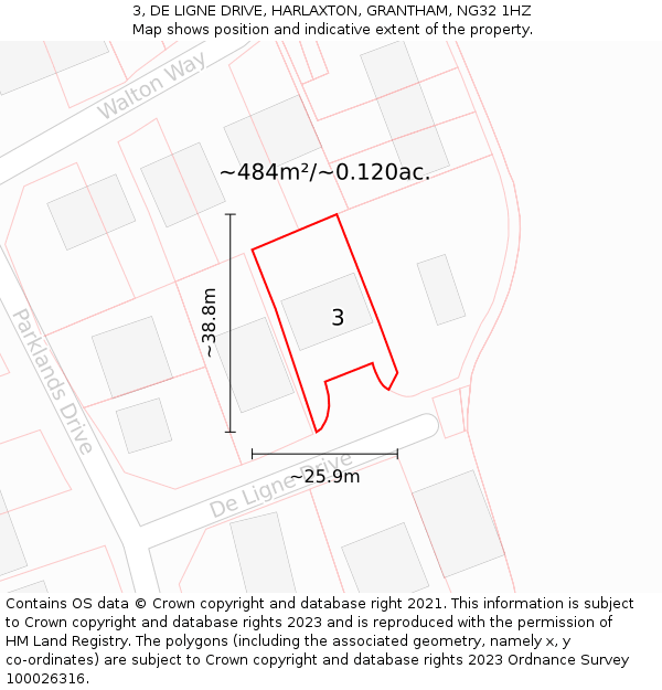 3, DE LIGNE DRIVE, HARLAXTON, GRANTHAM, NG32 1HZ: Plot and title map