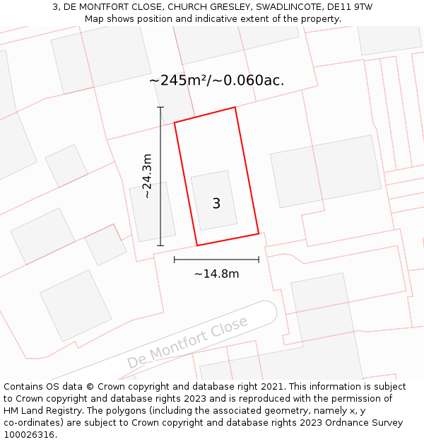3, DE MONTFORT CLOSE, CHURCH GRESLEY, SWADLINCOTE, DE11 9TW: Plot and title map