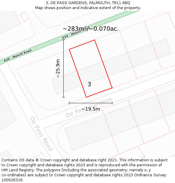 3, DE PASS GARDENS, FALMOUTH, TR11 4BQ: Plot and title map